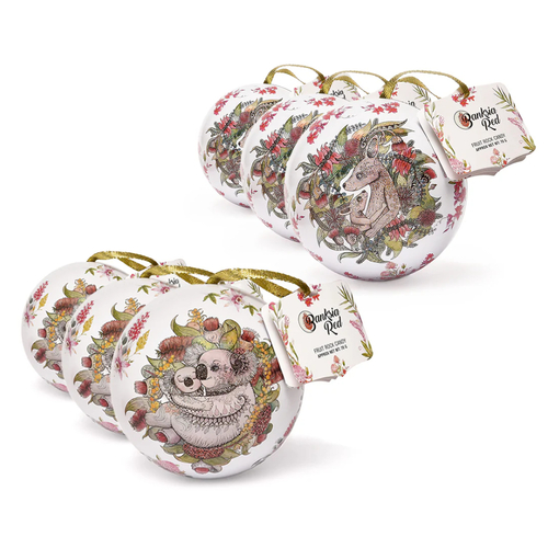 Banksia Red Christmas Koala & Kangaroo Set of 6 Bauble Tins - Rock Candy 70g