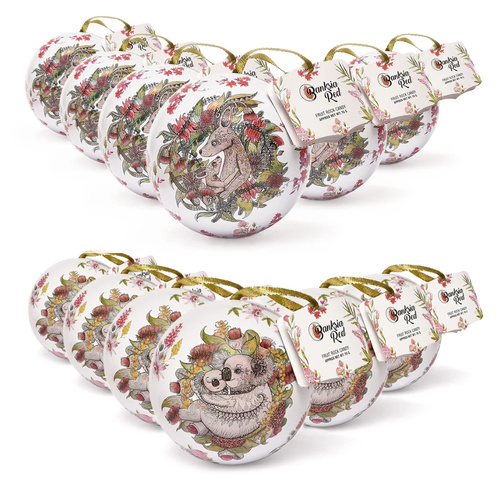 Banksia Red Christmas Koala & Kangaroo Set of 12 Bauble Tins - Rock Candy 70g