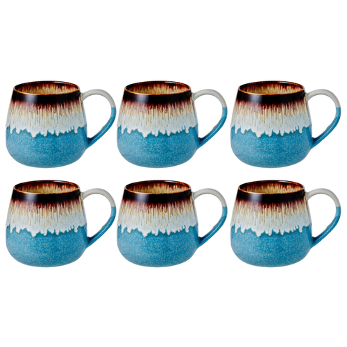 Leaf & Bean Roma Reactive Glaze Mug 500ml Blue & Brown - 6 Piece Set