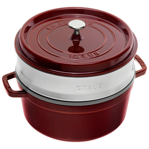 Staub Round Cast Iron Cocotte with Steamer 26cm , Grenadine