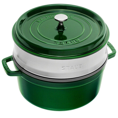 Staub Round Cast Iron Cocotte with Steamer 26cm , Basil Green